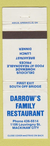Matchbook Cover - Darrow's Family Restaurant Mackinaw City MI
