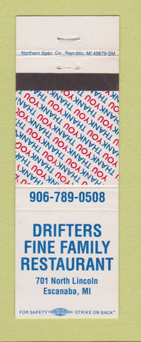 Matchbook Cover - Drifters Family Restaurant Escanaba MI