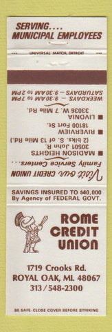 Matchbook Cover - Rome Credit Union Royal Oak MI Livonia