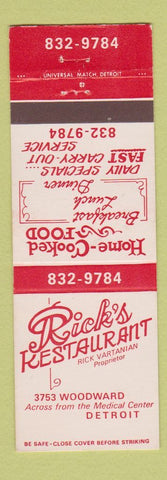 Matchbook Cover - Rick's Restaurant Detroit MI