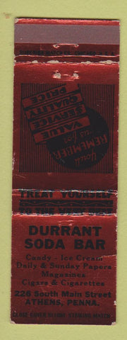 Matchbook Cover - Durant Soda Bar Athens PA WEAR