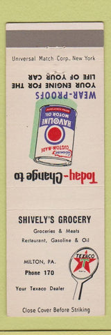 Matchbook Cover - Texaco oil gas Shively's Grocery Milton PA