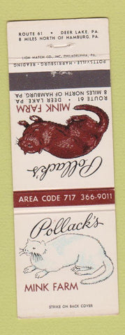 Matchbook Cover - Pollack's Mink Farm Hamburg Deer Lake PA