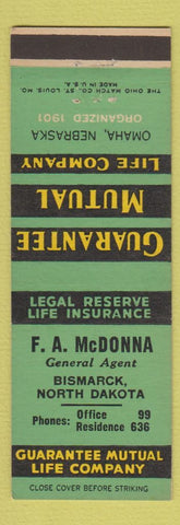 Matchbook Cover - FA McDonna Insurance Bismarck ND