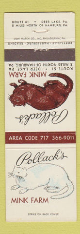 Matchbook Cover - Pollack's Mink Farm Hamburg Deer Lake PA