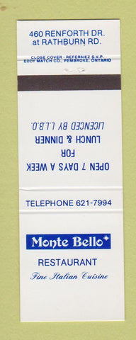 Matchbook Cover - Monte Bello Restaurant Italian Etobicoke ON