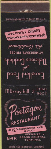 Matchbook Cover - Pentagon Restaurant New York City