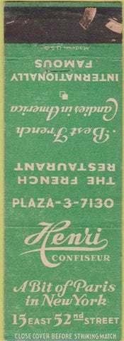 Matchbook Cover - Henri Confiseur French Restaurant New York City
