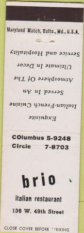 Matchbook Cover - Brio Italian Restaurant New York City