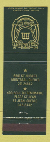 Matchbook Cover - Restaurant Romantico ST Jean QC Montreal