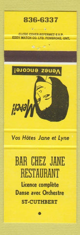 Matchbook Cover - Bar Chez Jane Restaurant St Cuthbert QC