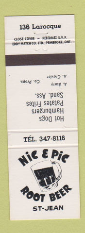 Matchbook Cover - Nic & Pic Root Beer St Jean QC