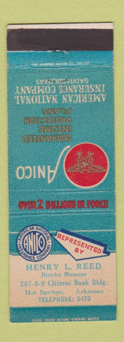 Matchbook Cover - Anico Insurance Henry Reed Hot Springs AR