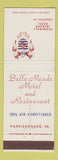 Matchbook Cover - Stonewall Jackson Hotel Staunton VA Belle Meade Harrisonburg