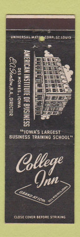 Matchbook Cover - College Inn Des Moines IA American Institute of Business