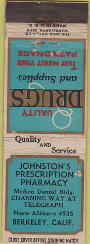 Matchbook Cover - Johnson's Drugs Berkeley CA WORN