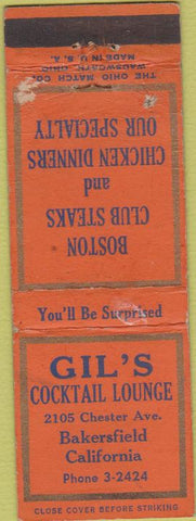 Matchbook Cover - Gil's Cocktail Lounge Bakersfield cA WORN