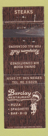 Matchbook Cover - Barclay Restaurant Pizza Steaks Quebec QC WEAR