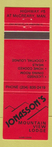 Matchbook Cover - Jonasson's Mountain View Lodge McCreary MB
