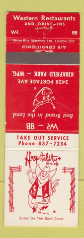 Matchbook Cover - Hospitality Sam Western Restaurants Winnipeg MB