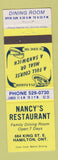 Matchbook Cover - Nancy's Restaurant Hamilton ON