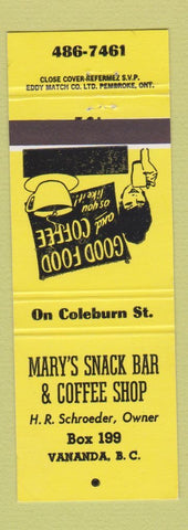 Matchbook Cover - Mary's Snack Bar Coffee Shop Vanada BC