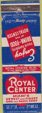 Matchbook Cover - Royal Center Restaurant dancing Miami FL WEAR Advance