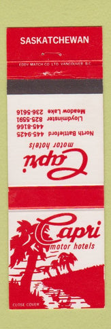 Matchbook Cover Capri Motor Hotels SK North Battleford Lloydminster Meadow Lake