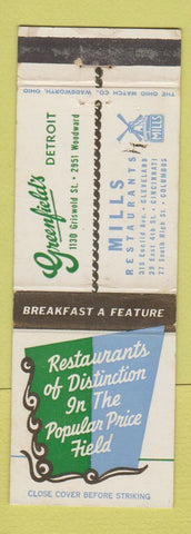 Matchbook Cover - Greenfield's Detroit MI Mills Restaurants WEAR
