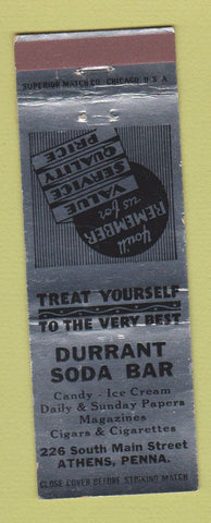 Matchbook Cover - Durrant Soda Bar Athens PA SILVER