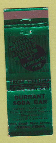 Matchbook Cover - Durrant Soda Bar Athens PA GREEN WEAR