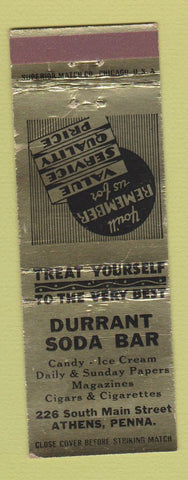 Matchbook Cover - Durrant Soda Bar Athens PA GREEN GOLD