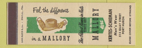Matchbook Cover - Mallory Hats Kertes Schieman Port Huron MI