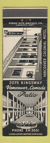 Matchbook Cover - Vancouver Colonial Motel Vancouver BC