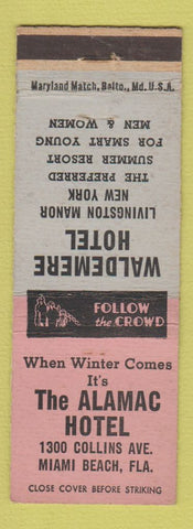 Matchbook Cover - Waldemere Hotel Alamac Miami Beach Livingston Manor NY WEAR