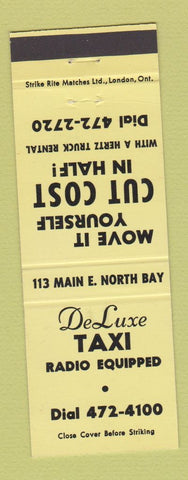Matchbook Cover - DeLuxe Taxi Hertz Truck Rentals North Bay ON