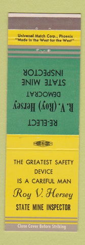 Matchbook Cover - State Mine Inspector Roy V Hersey AZ?