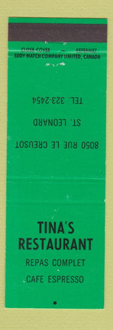 Matchbook Cover - Tina's Restaurant St Leonard QC