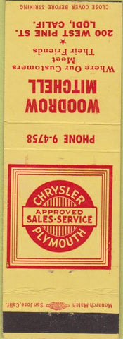 Matchbook Cover - Woodrow Mitchell Chrysler Plymouth Lodi CA