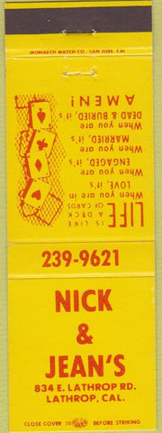 Matchbook Cover - Nick  and  Jean's Lathrop CA