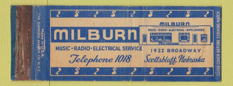 Matchbook Cover - Milburn Music Radio Scottsbluff NE WORN Full Length