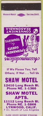 Matchbook Cover - Shaw Motel Lynwood CA