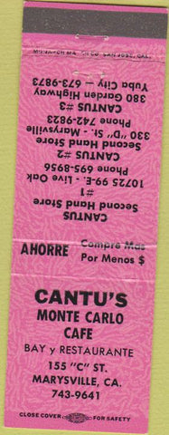 Matchbook Cover - Cantu's Monte Carlo Cafe Marysville CA grilie
