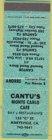 Matchbook Cover - Cantu's Monte Carlo Cafe Marysville CA grilie teal