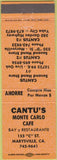 Matchbook Cover - Cantu's Monte Carlo Cafe Marysville CA orange