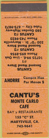 Matchbook Cover - Cantu's Monte Carlo Cafe Marysville CA orange