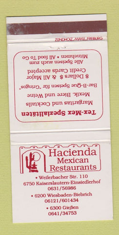 Matchbook Cover - Hacienda Mexican Restaurants Einsiedlerhof Biebrich 30 Strike