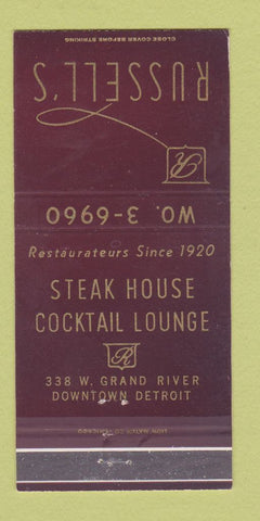 Matchbook Cover - Russell's Detroit MI Steak House 30 Strike