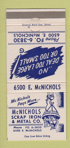 Matchbook Cover - McNichols Scrap Iron Metal Detroit MI 30 Strike