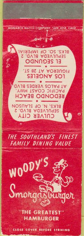 Matchbook Cover - Woody's Smorgas Hamburgers Culver City CA WORN